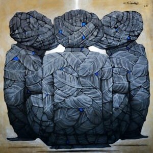 qamar-siddiqui-three-figures-turbans-acrylic-on-canvas-48x48 Qamar Siddiqui Three Figures Turbans Acrylic On Canvas 48x48, original Pakistani contemporary artwork of three back view figures with turbans on ochre background