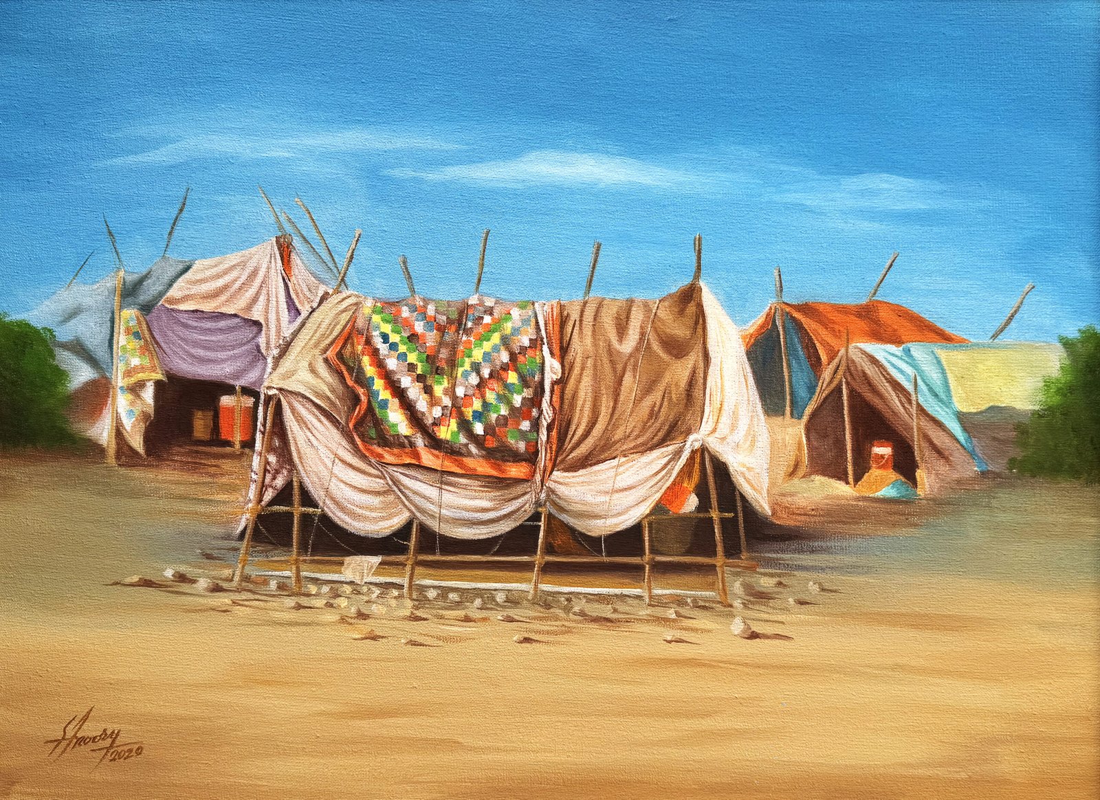 S.A. Noory Ralli Tents 16x22 in acrylic on canvas, desert nomad camp colorful ralli patchwork Pakistani folk art