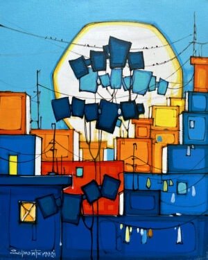 Salman Farooqi Azure Kites 16x20 in acrylic on canvas, SOLD OUT, vertical cityscape with cobalt blue buildings, orange yellow blocks, massive white sun, blue kites on wires, colorful laundry, turquoise sky, contemporary Pakistani urban art