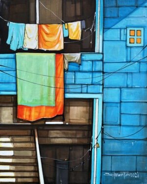 Salman Farooqi Azure Laundry 24x30 in acrylic on canvas, vibrant urban scene with turquoise blue building, colorful hanging laundry, stairs, orange green fabric, black wires, contemporary Pakistani architecture