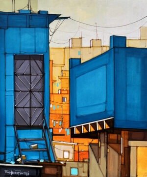 salman-farooqi-cobalt-gateway-acrylic-canvas-30x36 Salman Farooqi Cobalt Gateway 30x36 in acrylic on canvas, extra large urban cityscape with cobalt blue buildings, burnt orange yellow facades, geometric grey door with stairs, turquoise accents, black wires, contemporary Pakistani architecture