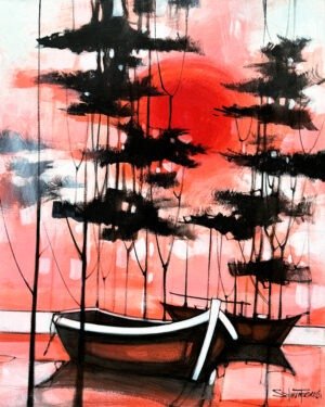 salman-farooqi-crimson-sunset-harbor-acrylic-canvas-24x30 Salman Farooqi Crimson Sunset Harbor 24x30 in acrylic on canvas, large dramatic harbor with red sun, pink coral sky, black boats, tree silhouettes, water reflections, contemporary Pakistani artist