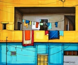 Salman Farooqi Golden Balcony 30x36 in acrylic on canvas, SOLD OUT, extra large urban facade with golden yellow building upper half, turquoise blue lower level, colorful laundry on balcony and wires, brown interior, black electrical wires, contemporary Pakistani architectural art