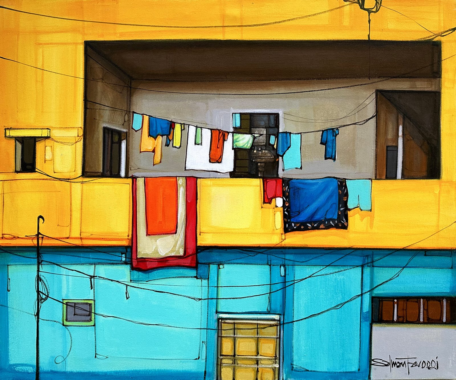 salman-farooqi-golden-balcony-acrylic-canvas-30x36-sold-out Salman Farooqi Golden Balcony 30x36 in acrylic on canvas, SOLD OUT, extra large urban facade with golden yellow building upper half, turquoise blue lower level, colorful laundry on balcony and wires, brown interior, black electrical wires, contemporary Pakistani architectural art