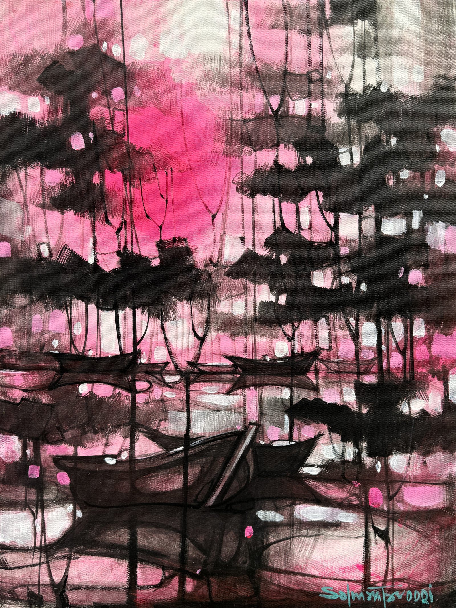 salman-farooqi-harbor-dreams-acrylic-canvas-18x24 Salman Farooqi Harbor Dreams 18x24 in acrylic on canvas, dreamlike pink magenta harbor with black boat silhouettes, water reflections, abstract lines, contemporary Pakistani artist