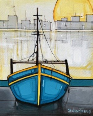 Salman Farooqi Modern Seascape 16x20 in acrylic on canvas, bright blue fishing boat front view with yellow sun over grey harbor cityscape, contemporary Pakistani artist