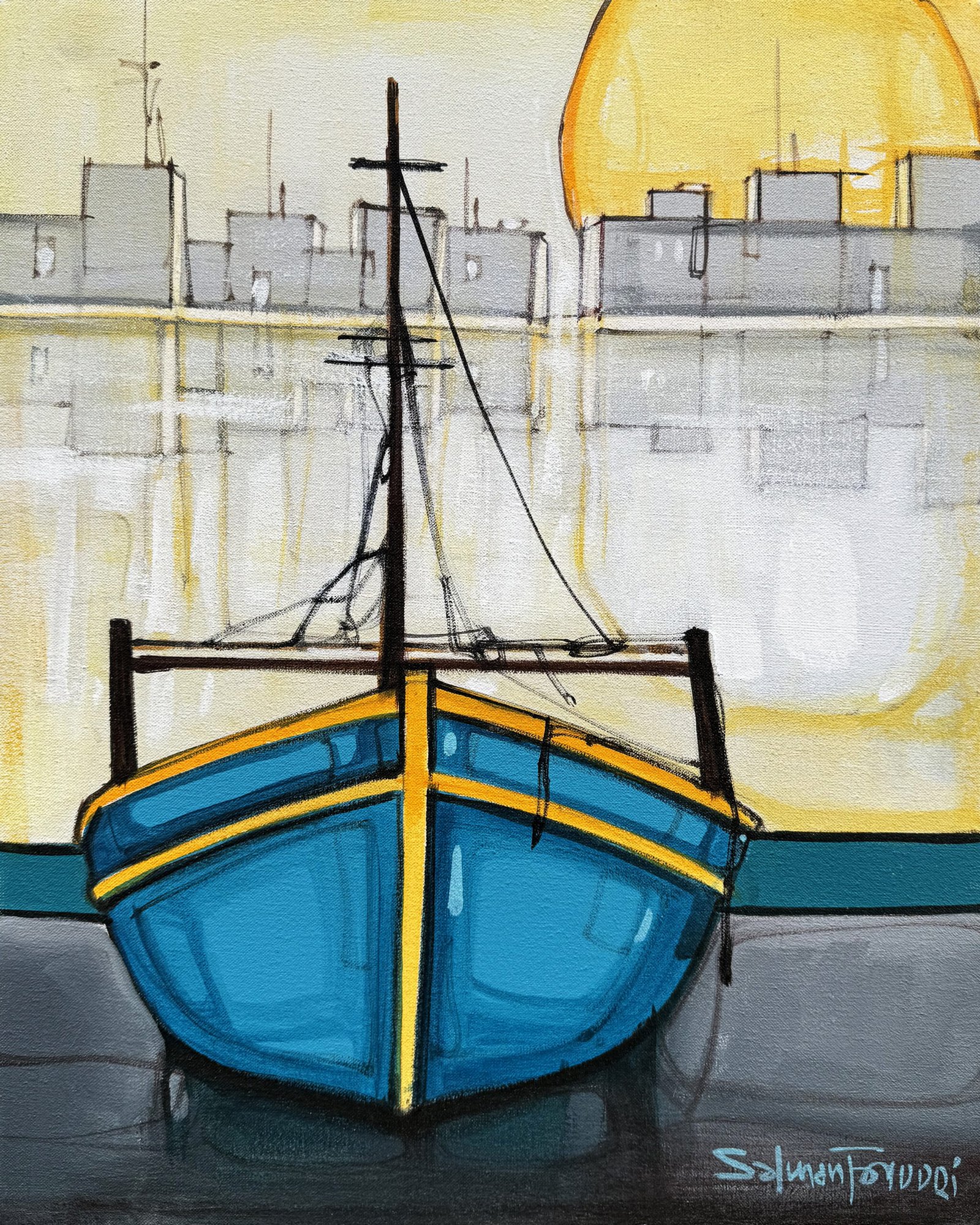 salman-farooqi-modern-seascape-acrylic-canvas-16x20 Salman Farooqi Modern Seascape 16x20 in acrylic on canvas, bright blue fishing boat front view with yellow sun over grey harbor cityscape, contemporary Pakistani artist