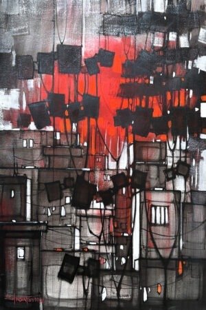 Salman Farooqi Scarlet Cityscape 24x36 in acrylic on canvas, large dramatic urban scene with glowing red orange center, grey black buildings, dark kites, white windows, wires, contemporary Pakistani cityscape