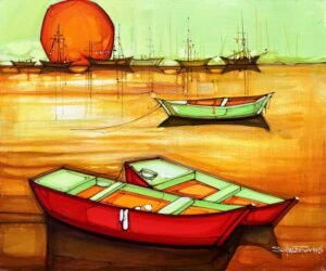 salman-farooqi-scarlet-harbor-acrylic-canvas-30x36-2 Salman Farooqi Scarlet Harbor 30x36 in acrylic on canvas, extra large seascape with scarlet red boats, mint green interiors, golden orange water, massive red sun, mint sky, harbor boats, contemporary Pakistani art