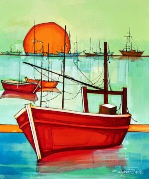 Salman Farooqi Scarlet Harbor Sunset 30x36 in acrylic on canvas, SOLD OUT, extra large seascape with scarlet red fishing boat foreground, massive orange sun, turquoise aqua harbor water, blue green boats background, mint green sky, contemporary Pakistani maritime art