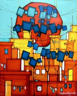 Salman Farooqi Scarlet Kites 16x20 in acrylic on canvas, SOLD OUT, vertical cityscape with scarlet red buildings, golden yellow rooftops, massive red orange sun, cobalt blue kites on wires, colorful laundry, turquoise sky, contemporary Pakistani urban art