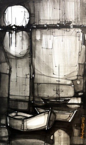 Salman Farooqi Sepia Harbor 20x30 in acrylic on canvas, SOLD OUT, vertical sepia monochrome seascape with black charcoal grey brown tones, white circular moon with reflection, abstract fishing boats, geometric harbor grid, atmospheric washes, contemporary Pakistani maritime art