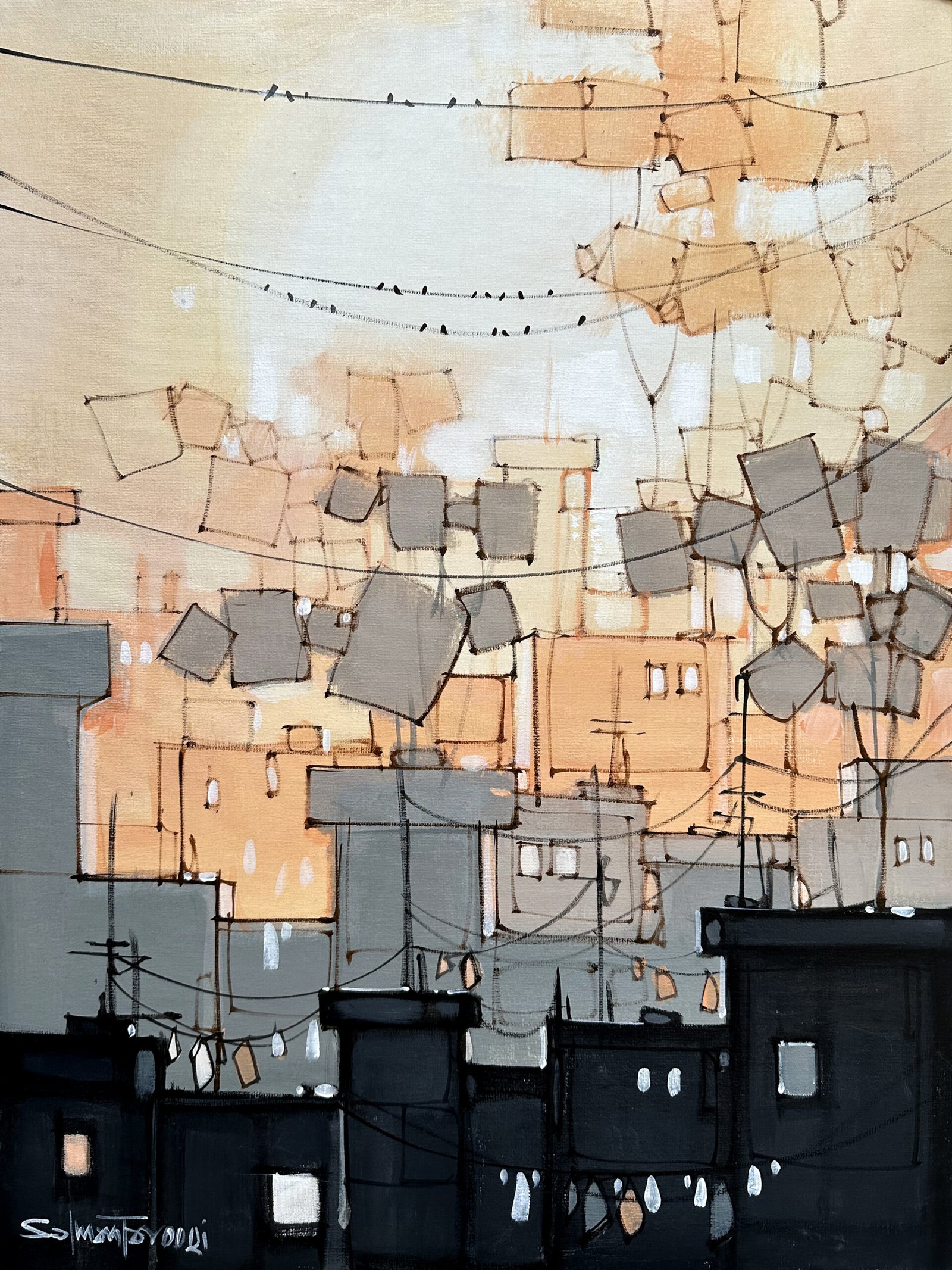 salman-farooqi-sunset-kites-acrylic-canvas-18x24 Salman Farooqi Sunset Kites 18x24 in acrylic on canvas, urban rooftops with peach orange sunset sky, hanging kites, wires with birds, contemporary Pakistani cityscape artist