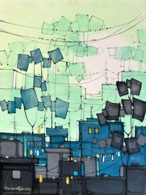Salman Farooqi Teal Kites 18x24 in acrylic on canvas, city rooftops with mint green sky, teal blue buildings, grey kites, wires with birds, contemporary Pakistani urban artist