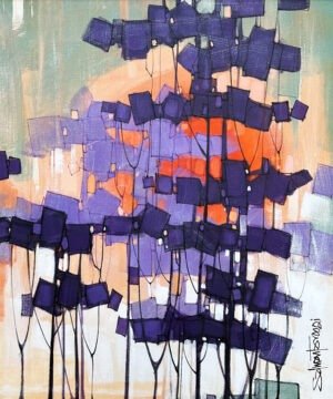 Salman Farooqi Violet Canopy 30x36 in acrylic on canvas, SOLD OUT, extra large vertical with violet and deep purple geometric blocks, vibrant orange red glow background, peach beige sky, mint green accents, black linear trunks, contemporary Pakistani abstract landscape