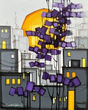 Salman Farooqi Violet Kites 24x30 in acrylic on canvas, large urban rooftops with orange gold sun, grey buildings, purple kites, yellow windows, hanging laundry, contemporary Pakistani cityscape