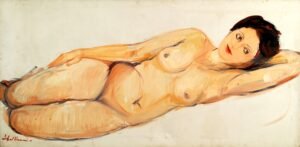 Iqbal Hussain Reclining Figure 48x60 in oil on canvas, large figurative reclining composition Lahore artist museum painting