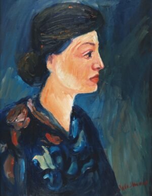 Iqbal Hussain Woman in Blue 24x30 in oil on canvas, side profile portrait woman blue dress Lahore artist figurative painting