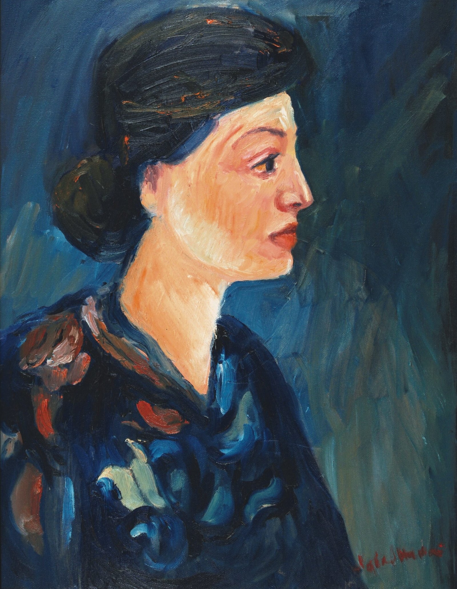 Iqbal Hussain Woman in Blue 24x30 in oil on canvas, side profile portrait woman blue dress Lahore artist figurative painting