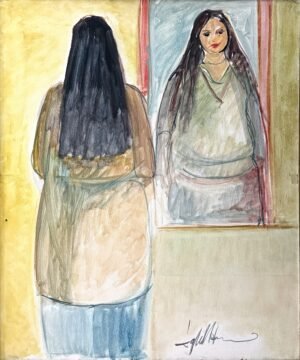 Iqbal Hussain Woman Mirror Reflection 30x36 in oil on canvas, woman looking at mirror Lahore artist figurative painting