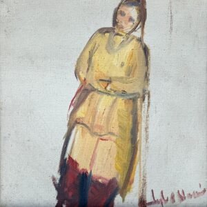 Iqbal Hussain Woman in Silence 8x8 in oil on canvas, miniature woman yellow attire Lahore artist small figurative painting