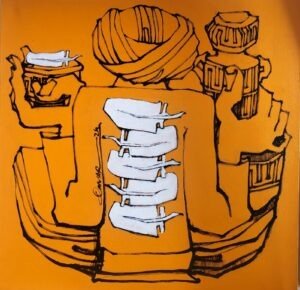 Qamar Siddiqui Waris Turban Man 24x24 acrylic on canvas, original Pakistani contemporary artwork of back view figure in turban with symbolic objects on orange background