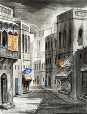 G N Qazi Heritage Street 2025 acrylic on canvas 12x16 inches, old city alley grey tones blue doors orange awning barjaha balconies Pakistani artist