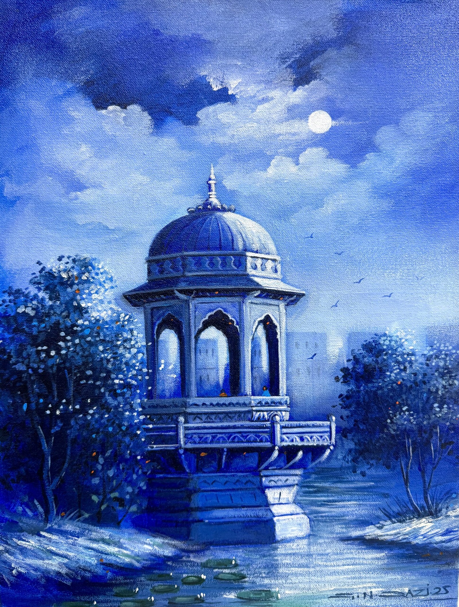g-n-qazi-moonlit-pavilion-acrylic-canvas-12x16 G N Qazi Moonlit Pavilion 2025 acrylic on canvas 12x16 inches, blue chhatri pavilion on water lily pads moon clouds Pakistani artist
