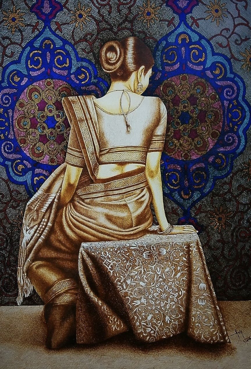 Asif Ghayaz | Title: Veil of Tradition | Medium: Pen & Ink on Paper | Size: 22x31 inches