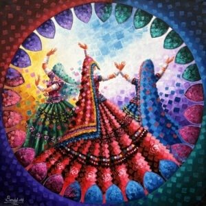 Bandah Ali Raqs e Rang Sindhi women dance 36x36 in oil on canvas, 3 dancers mosaic style Karachi artist colorful ghagras mandala