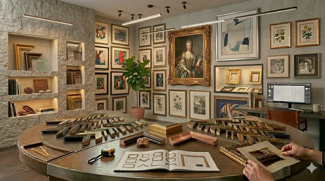 Professional picture framing workshop with various frame samples and a gallery wall.