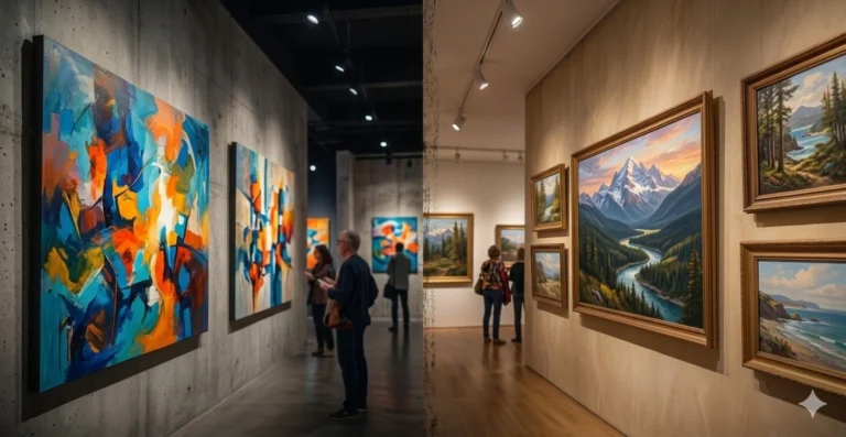 Gallery space showing colorful abstract paintings on one side and realistic landscape paintings on the other, with visitors observing both.