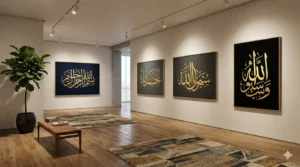 Modern gallery with Arabic calligraphy canvas, white walls, wooden floors, rugs, bench, and potted plant.