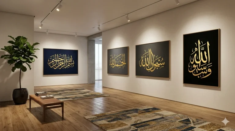Modern gallery with Arabic calligraphy canvas, white walls, wooden floors, rugs, bench, and potted plant.