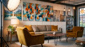 Modern living room with colorful canvas art wall decor and cozy furniture.