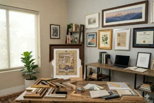 Custom picture frame samples and gallery wall in a professional studio.