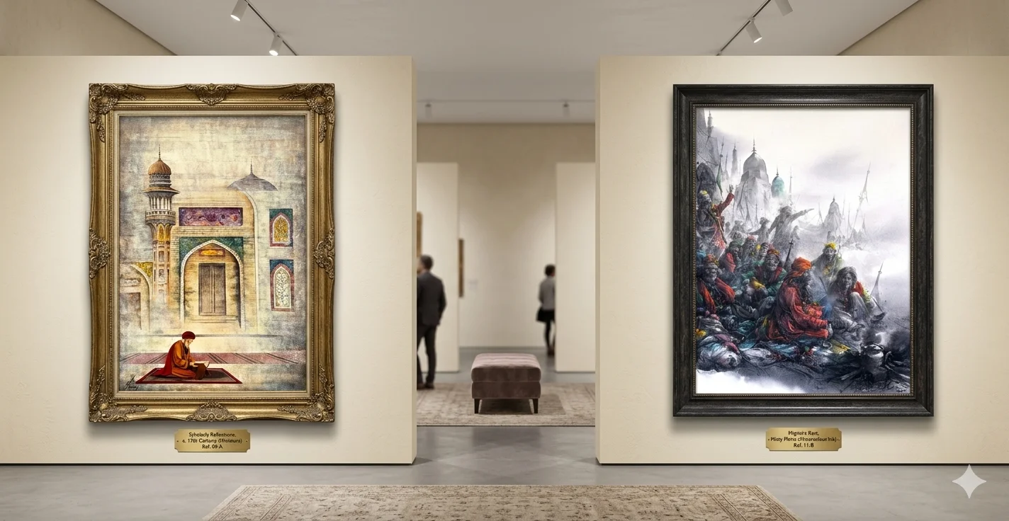 Art gallery with two framed Darwaish and Sufism art paintings showing spiritual figures and scenes.