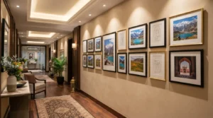 A corridor adorned with various picture frames and a stylish rug beneath them.