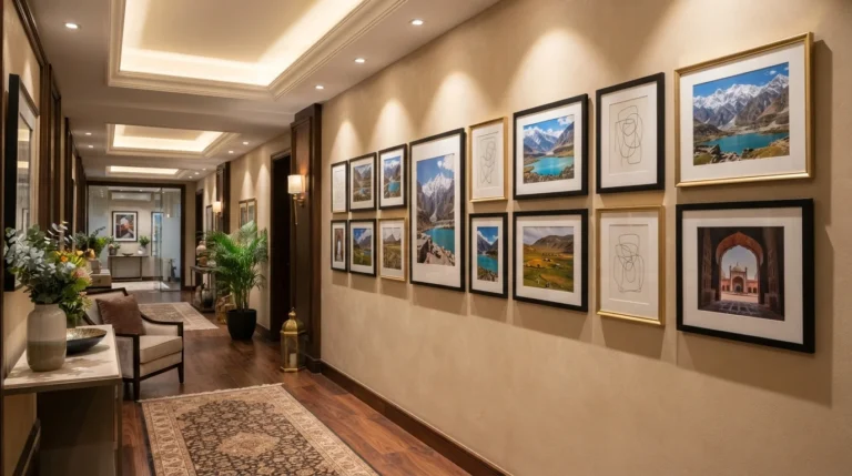 A corridor adorned with various picture frames and a stylish rug beneath them.