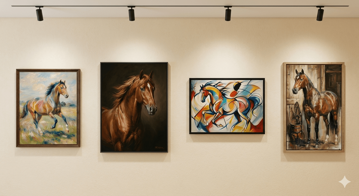 A gallery wall displays four horse paintings: two realistic, a dramatic portrait in left, and a abstract design on right.