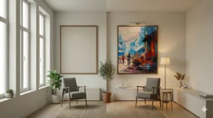 A modern room with two chairs, a colorful cityscape art, and a rug. Bright natural light streams in through tall windows.