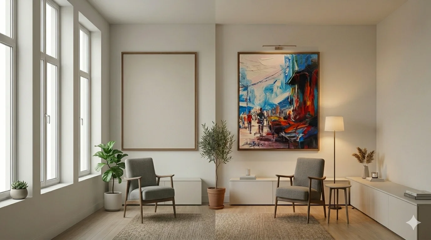 A modern room with two chairs, a colorful cityscape art, and a rug. Bright natural light streams in through tall windows.