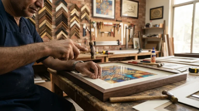 A man carefully assembling custom frames for a piece of art in a well-lit workshop.