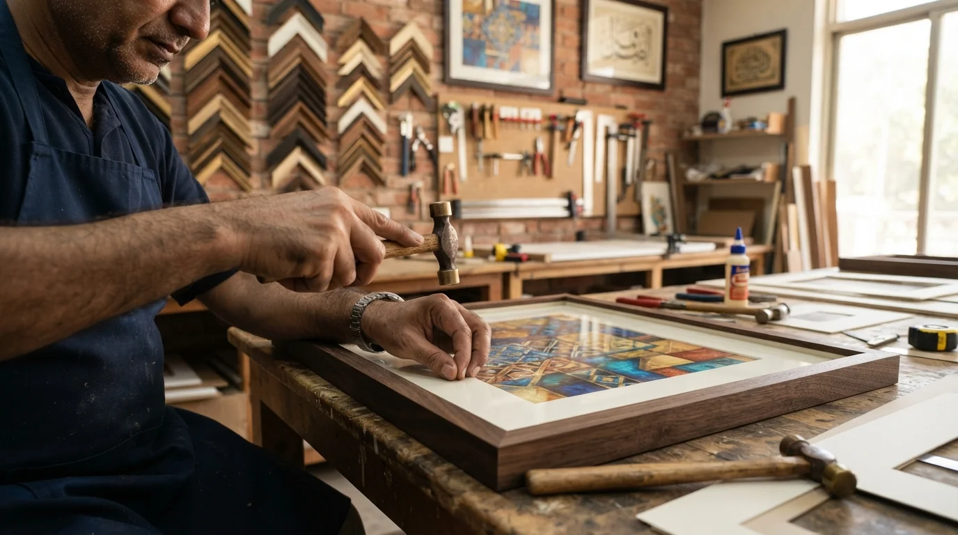 A man carefully assembling custom frames for a piece of art in a well-lit workshop.