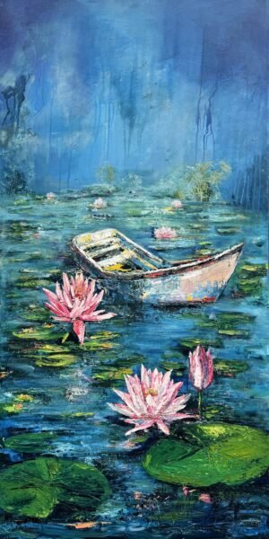 Mukhtoom Fatima | Title: Silent Drift | Medium: Acrylic On Canvas | Size: 24x48 inches