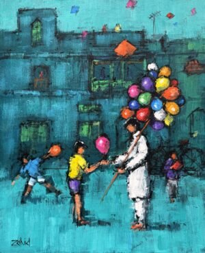 Zahid Saleem | Title: Balloon Seller | Medium: Acrylic On Canvas | Size: 13x16 inches