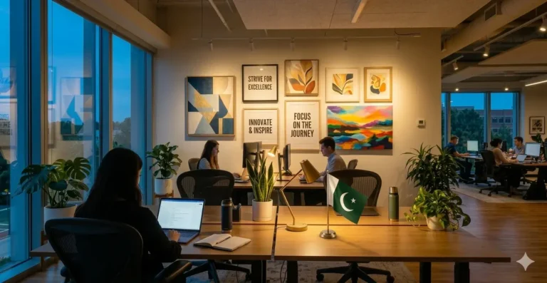 Modern office gallery wall with art, plants, and motivating text for productivity.