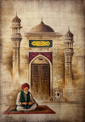 S.A. Noory Path of Serenity 14x20 acrylic on canvas, dervish praying mosque door spiritual Pakistani art