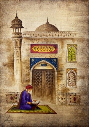 S.A. Noory Quiet Devotion 14x20 in acrylic on canvas, dervish reading Quran mosque door spiritual Pakistani art