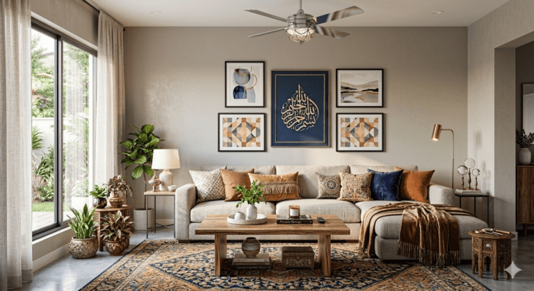 Wall art for living room featuring Islamic calligraphy and modern abstract frames.